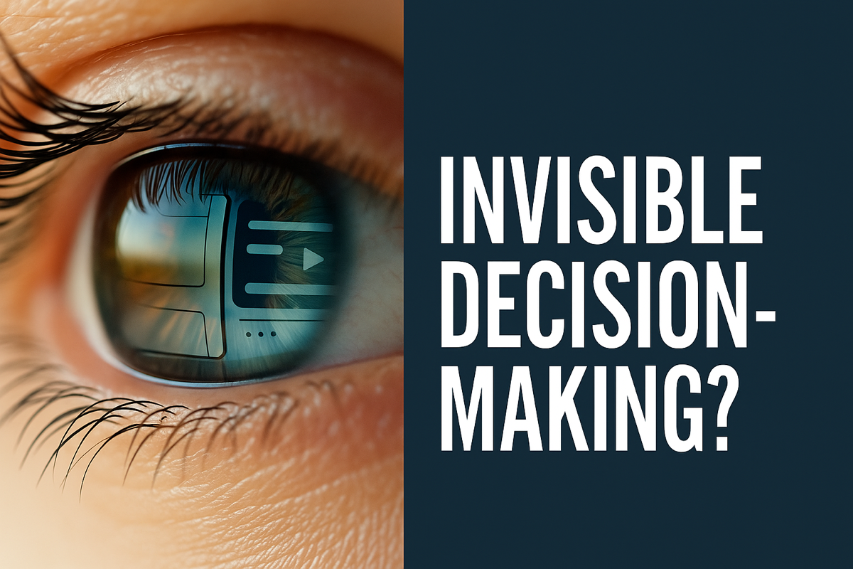 Close-up of a human eye reflecting a wireframe-style UI interface, paired with bold text reading “Invisible Decision-Making?” to visually suggest the hidden choices behind user experience design.