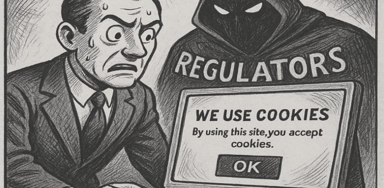 Cartoon of a nervous businessman sweating in front of a cookie consent popup, while a dark-hooded figure labeled “Regulators” looms behind him.