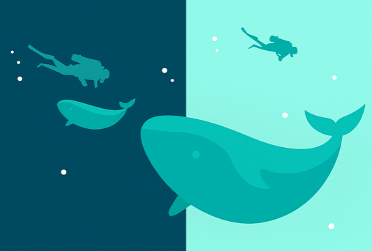 Minimalist two-panel underwater illustration showing poor vs. strong visual hierarchy using diver and whale size and contrast.